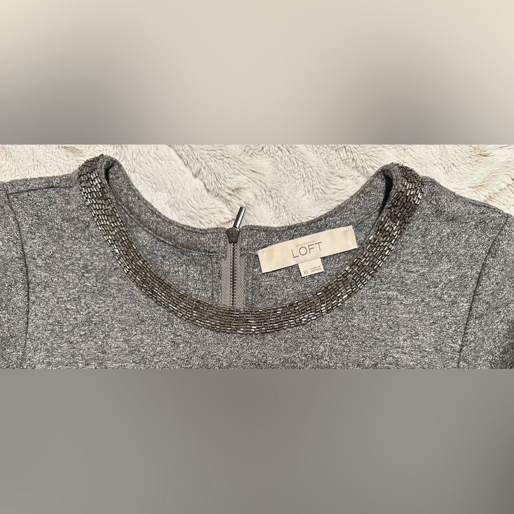 LOFT Heather Gray Knit Sweater Dress with Embellished Beaded Collar - Picture 9 of 14